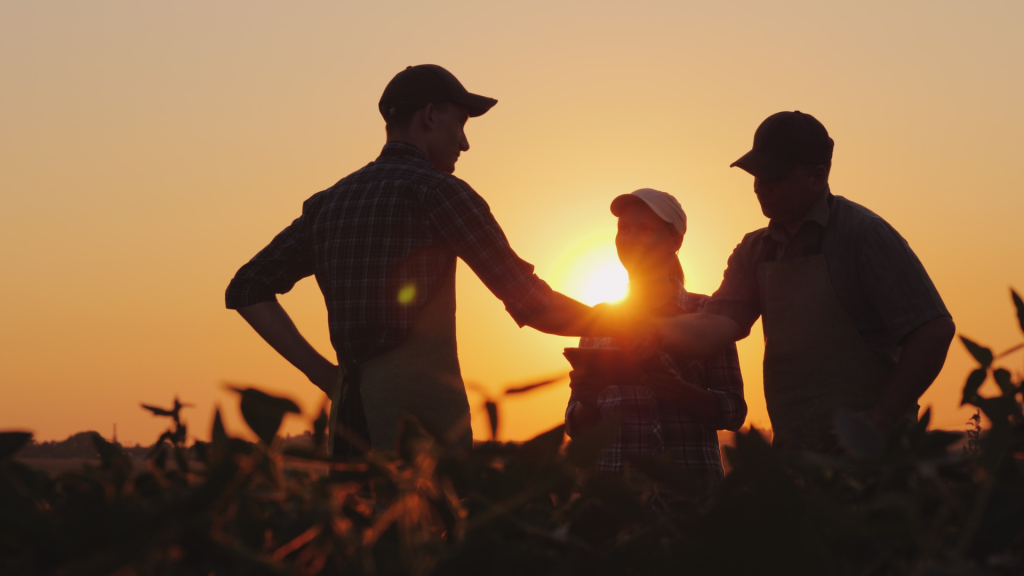 three farmers' silhouettes in a field with an orange sunset behind them 
